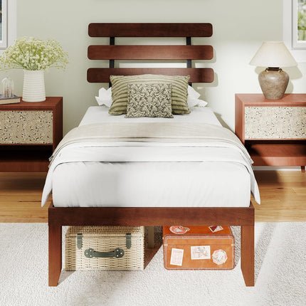 Dreamade Queen/Full/Twin Size Platform Bed with Retro Headboard Mid Century Modern Bed Frame with Wood Slat Support