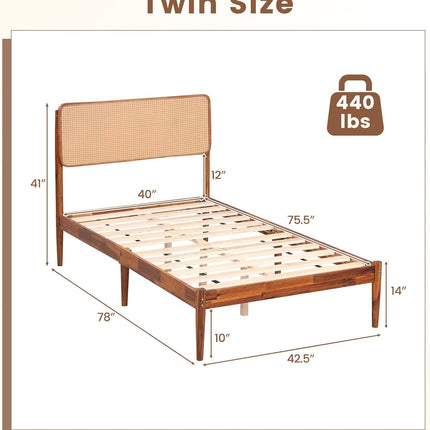 Dreamade Wooden Bed Frame Full/Twin/Queen Size with Rattan Headboard