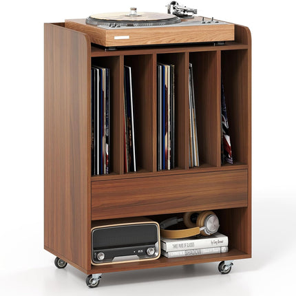 Dreamade Record Player Stand Rolling Turntable Stand with Drawer & Lockable Wheels