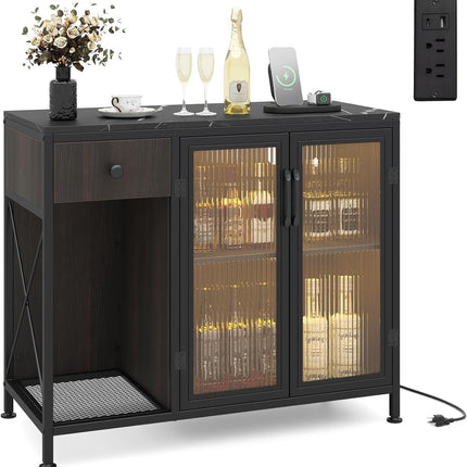 Dreamade Industrial Buffet Sideboard with Power Outlets and LED Light