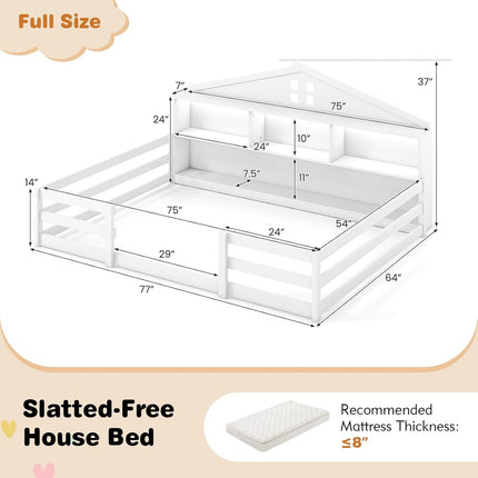 Dreamade Montessori Floor Bed with LED Lights 2-in-1 Wooden House Bed Frame with Safety Guardrails