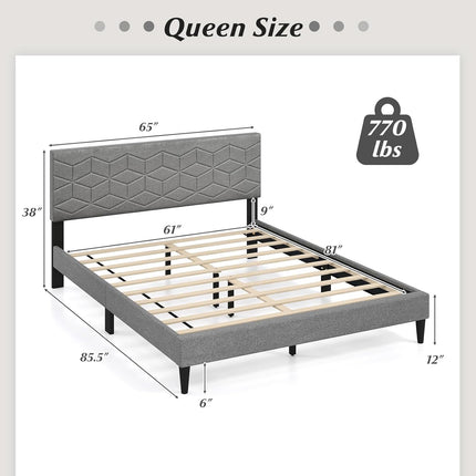 Dreamade Queen/Full/Twin Size Upholstered Bed Frame Modern Platform Bed with Linen Fabric Geometric Headboard