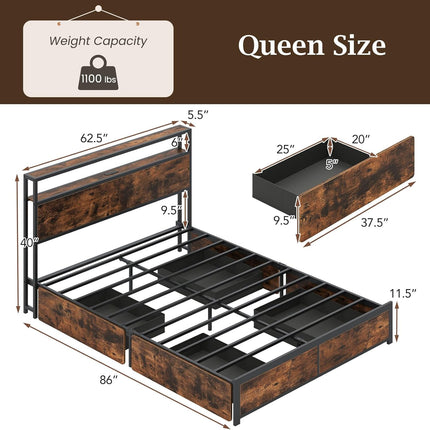 Dreamade Queen/Full Size LED Bed Frame with Charging Station & 4 Storage Drawers