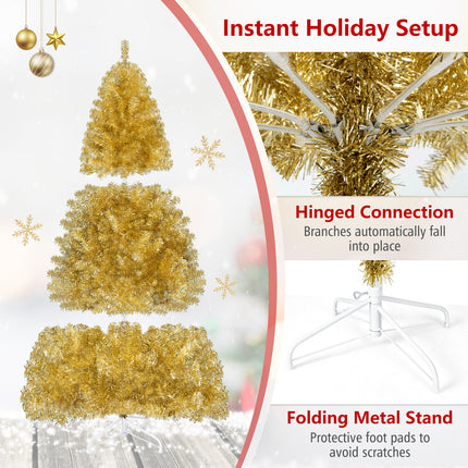 DREAMADE 6 FT Gold Tinsel Christmas Tree, Metallic Artificial Decoration