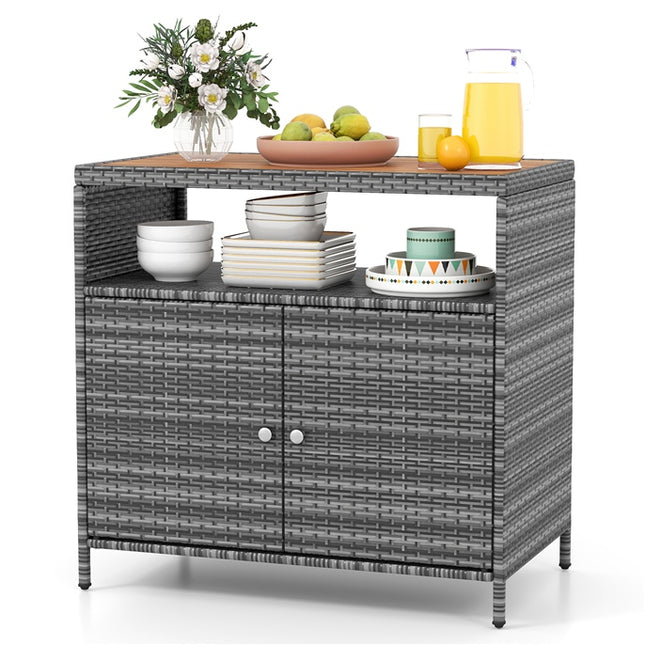 DREAMADE Outdoor Storage Cabinet, Wicker Patio Cabinet with Wood Top, Grey