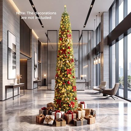 5ft Prelit Pencil Christmas Tree, Artificial Slim Xmas Tree with 150 Warm White LED Lights & 296 Full Branches