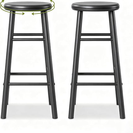 Dreamade 24 Inch Swivel Bar Stools Set of 2, Rubber Wood, Walnut | Round Bar Chairs w/Backless Design
