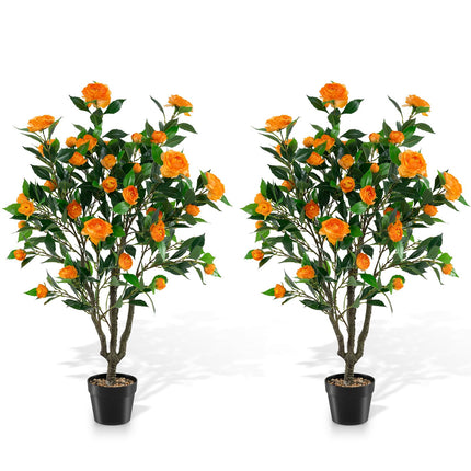 Dreamade 40" Artificial Camellia Tree Faux Camellia Potted Plant in Cement-Filled Pot (1/2 Pack)