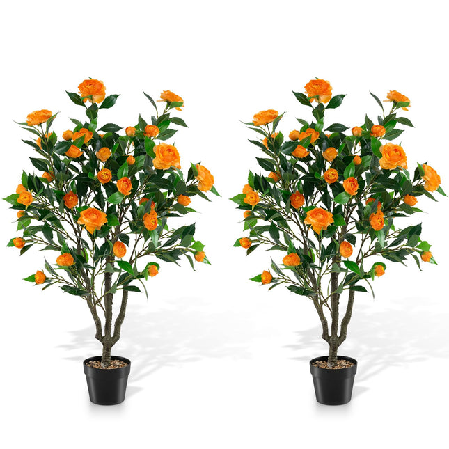 Dreamade 40" Artificial Camellia Tree Faux Camellia Potted Plant in Cement-Filled Pot (1/2 Pack)