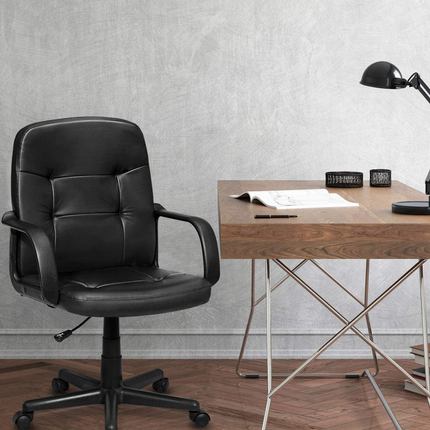 Dreamade Ergonomic Office Chair Black Mid-Back Leather Computer Desk Chair with Arms