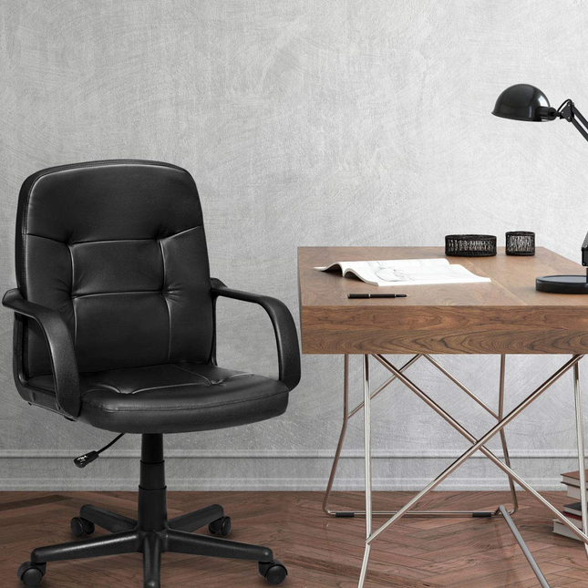 Dreamade Ergonomic Office Chair Black Mid-Back Leather Computer Desk Chair with Arms