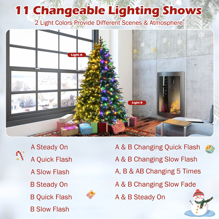 Dreamade 7FT Pre-Lit Artificial Christmas Tree, Hinged Realistic Snowy Xmas Pine Tree W/ 450 Color Changing LED Lights, 11 Flash Modes - DreamadeUS