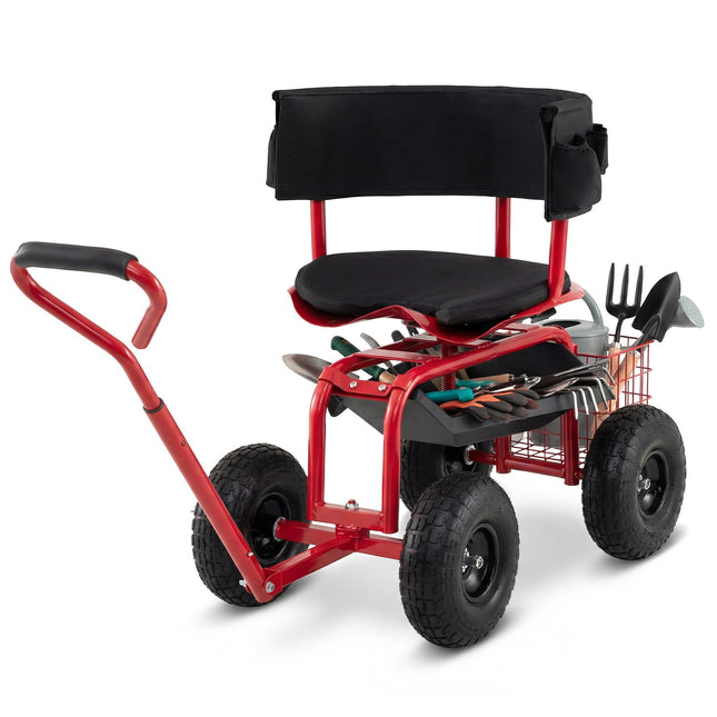 Dreamade Cushioned Rolling Garden Cart Scooter with Storage Basket and Tool Pouch