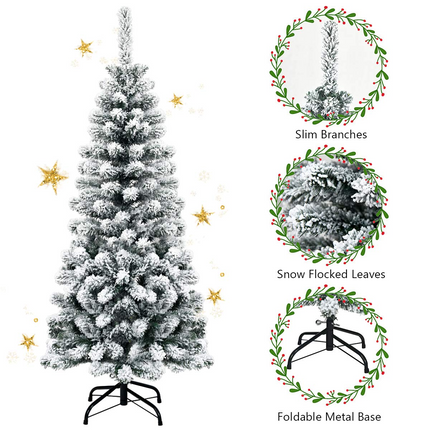 Dreamade Artificial Snow Flocked Christmas Tree, Slim Xmas Snowy Tree for Indoor and Outdoor Use - DreamadeUS