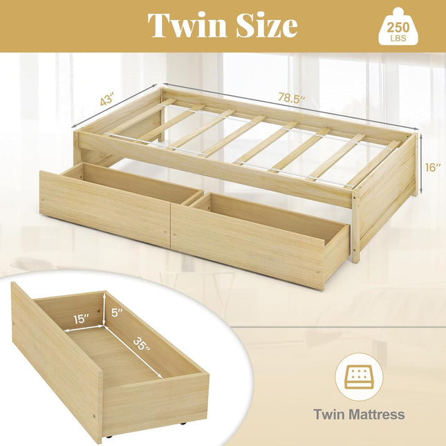Dreamade Queen/Full/Twin Size Bed Frame with 2 Storage Drawers, Solid Wood Platform Bed with Slats Support