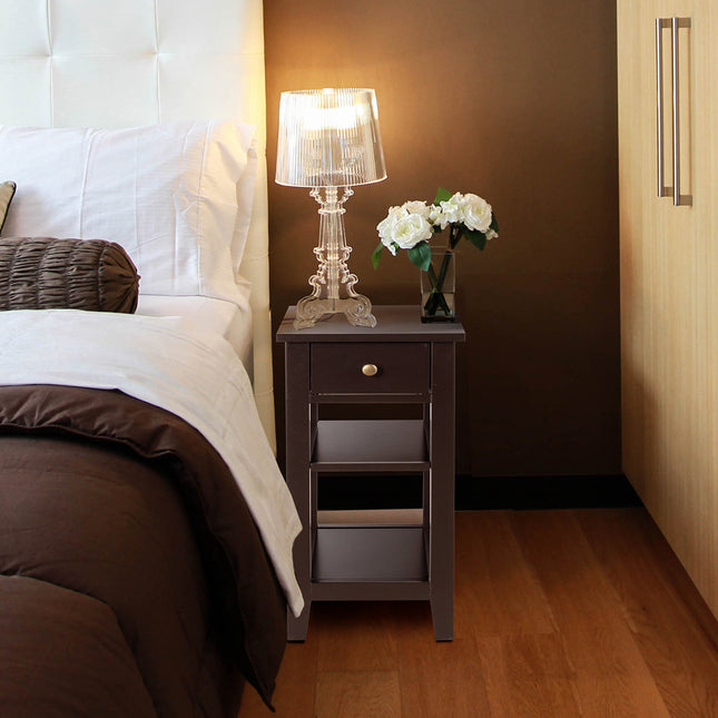 Dreamade 3-Tier End Table with Drawer and Double Shelves Narrow Tiered Side Table for Bedroom