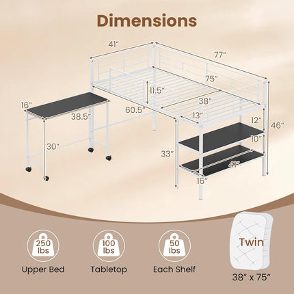Dreamade Low Loft Twin Size Bed with Desk & Bookshelf