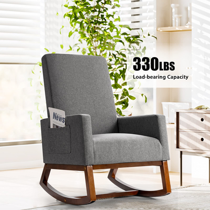 Dreamade Upholstered Rocking Chair, Modern Fabric Armchair w/Wood Base