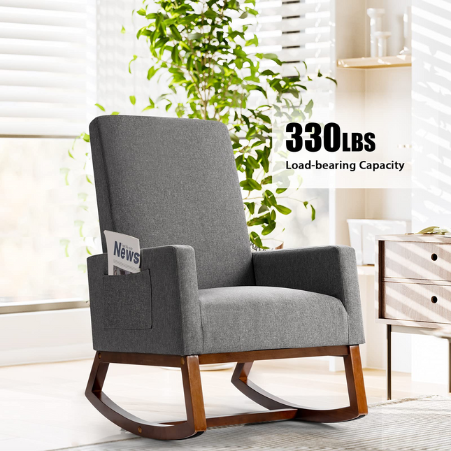 Dreamade Upholstered Rocking Chair, Modern Fabric Armchair w/Wood Base