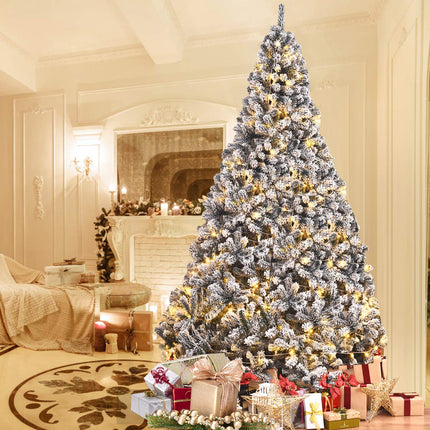 6FT/9FT Snow Flocked Christmas Tree, Hinged Pine Tree - DreamadeUS