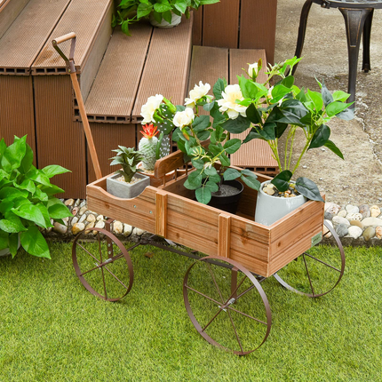 Dreamade Decorative Garden Planter, Small Wagon Cart with Metal Wheels, Wood Raised Beds Plant Pot Stand for Backyard Garden Patio 24.5"x13.5"x24"