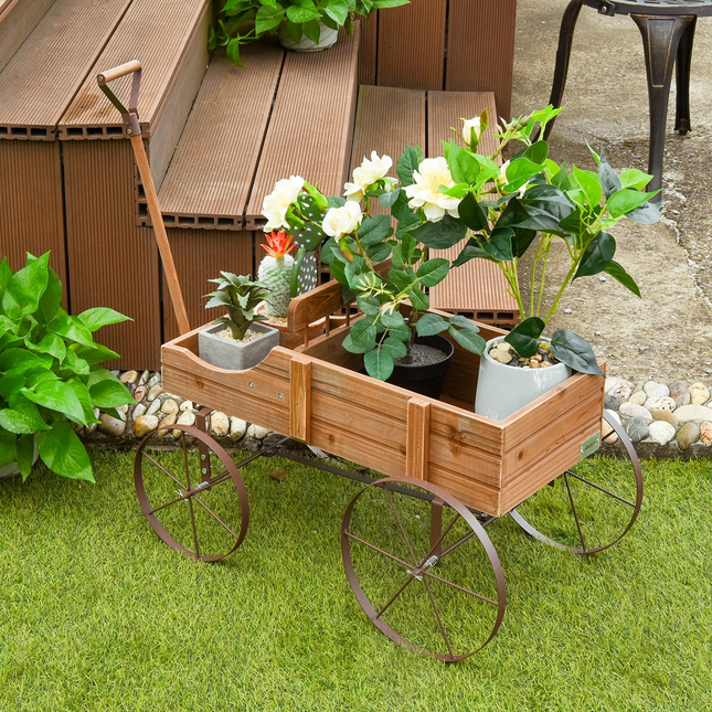 Dreamade Decorative Garden Planter, Small Wagon Cart with Metal Wheels, Wood Raised Beds Plant Pot Stand for Backyard Garden Patio 24.5"x13.5"x24"