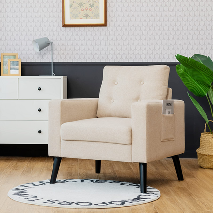 Linen Fabric Armchairs with Side Pockets and Wood Legs, Set of 2 - Dreamade