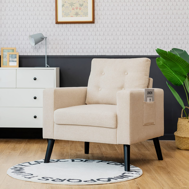 Linen Fabric Armchairs with Side Pockets and Wood Legs, Set of 2 - Dreamade