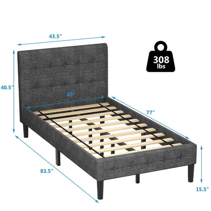 Platform Twin Bed with Button Tufted Headboard | Upholstered Bed Frame