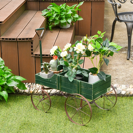 Dreamade Decorative Garden Planter, Small Wagon Cart with Metal Wheels, Wood Raised Beds Plant Pot Stand for Backyard Garden Patio 24.5"x13.5"x24"
