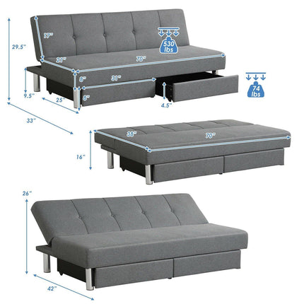 3-Seat Convertible Sofa Bed,Long Sofa w/ 2 Large Drawers, Ergonomic Sleeper w/ 3 Adjustable Angles - Dreamadeus