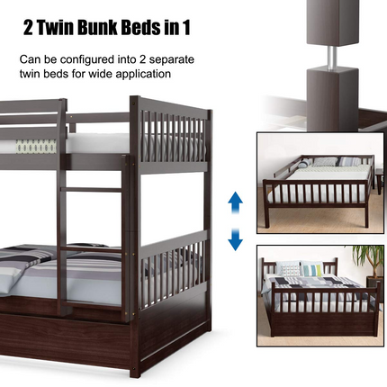 Dreamade Full Over Full Bunk Bed with Trundle Guardrails and Ladder