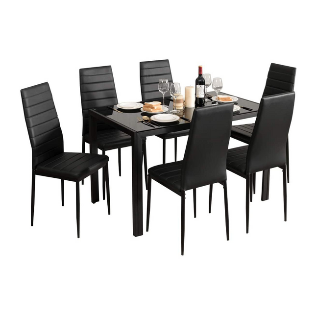 Dreamade Kitchen Dining Table Set, Glass Tabletop Dining Room Set with Leather Padded 6 Chairs, Black