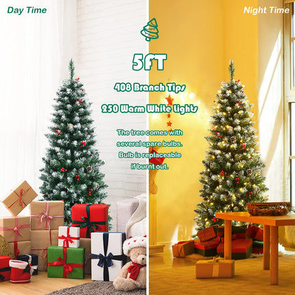 5ft Pre-lit Pencil Christmas Tree, Snow Flocked Artificial Hinged Xmas Tree - DreamadeUS