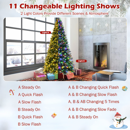 Dreamade 8FT Pre-Lit Artificial Christmas Tree, Hinged Realistic Snowy Xmas Pine Tree W/ 780 Color Changing LED Lights, 11 Flash Modes - DreamadeUS