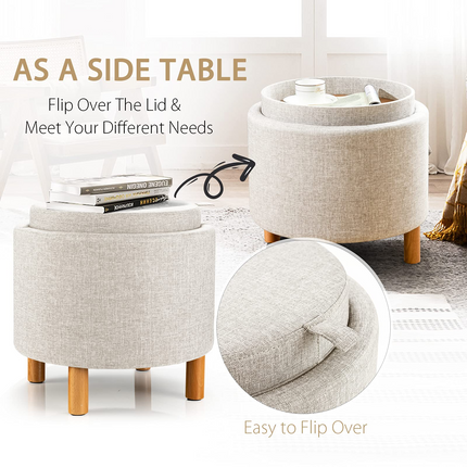 Dreamade Round Storage Ottoman with Tray, Accent Storage Footstool w/ Soft Padding