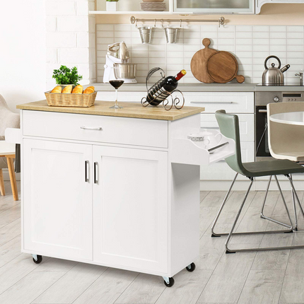 Dreamade Kitchen Island, Rolling Kitchen Cart with Spice and Towel Rack, Large Drawer & 2-Door Storage Cabinet