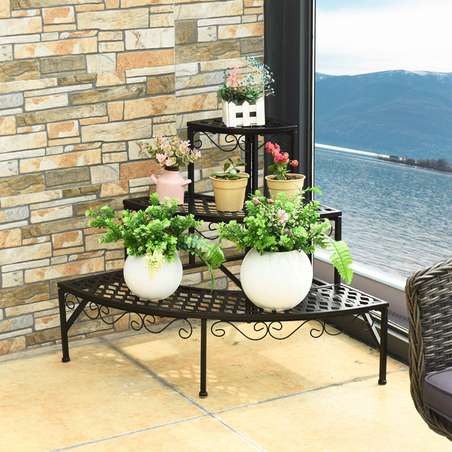 Dreamade Corner Plant Stand, 3 Tier Metal Flower Holder, Ladder Potted Corner Shelf