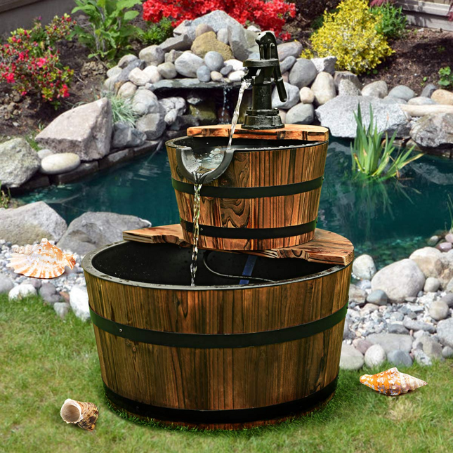 Dreamade 2-Tier Barrel Waterfall Fountain with Hand Pump