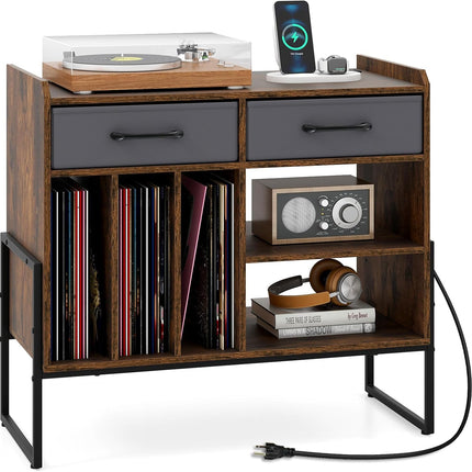 Dreamade Large Record Player Stand with Charging Station Mid Century Modern Vinyl Storage Cabinet