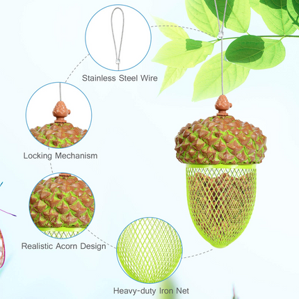 Dreamade Metal Acorn Bird Feeder, Outdoor Hanging Food Dispenser with Stainless Steel Wire and Iron Grid