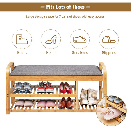 Dreamade Shoe Rack Bench, Entryway 3-Tier Bamboo Shoe Organizer with Cushion (Natural and Grey)