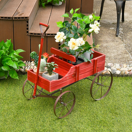 Dreamade Decorative Garden Planter, Small Wagon Cart with Metal Wheels, Wood Raised Beds Plant Pot Stand for Backyard Garden Patio 24.5"x13.5"x24"