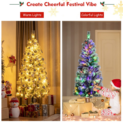 Dreamade 5ft Pre-lit Snow Flocked Christmas Tree, Premium Hinged Artificial Pine Tree w/ 9 Lighting Modes & 140 Color Changing LED Lights - DreamadeUS
