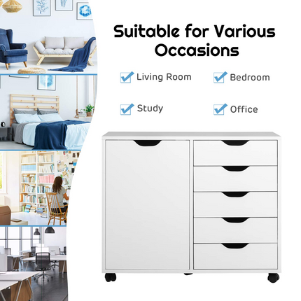Dreamade Drawers Cabinet Mobile Lateral Filing Organizer with 5 Drawers,1 Side Cabinet and Wheels Mobile Side Cabinet Chest