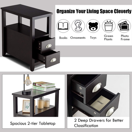 Dreamade End Table Wooden W/ 2 Drawers and Shelf Space-Saving Rectangular Bedside Table
