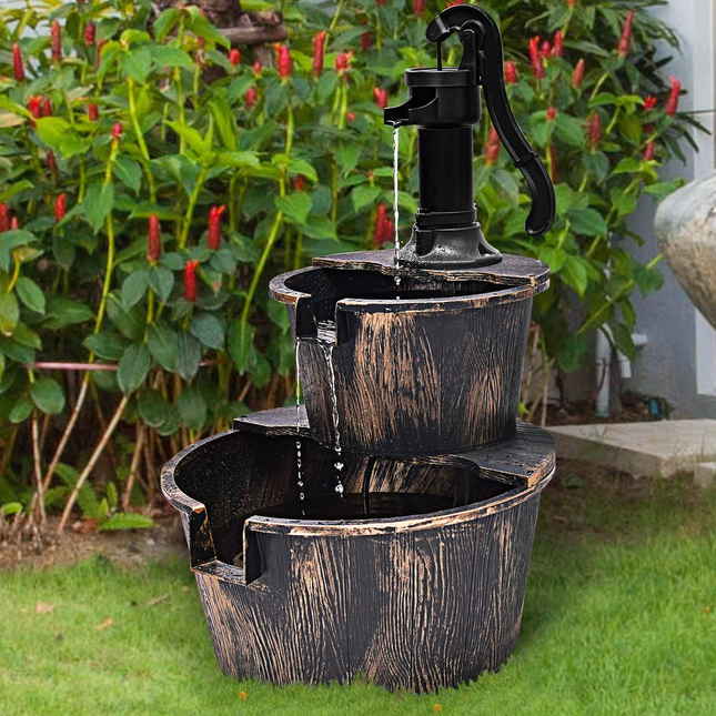 Dreamade 2-Tier Rustic Barrel Waterfall Fountain with Pump