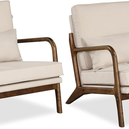 Dreamade Mid Century Modern Accent Chair, Upholstered Armchair with Pillow, Rubber Wood Armrests & Legs