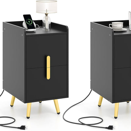 Dreamade Nightstand with Charging Station, Narrow End Table with 2 Drawers & Metal Gold Legs