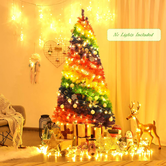 Dreamade 7FT Colorful Rainbow Full Fir Christmas Tree, Artificial Hinged Christmas Tree w/Solid Metal Stand - DreamadeUS